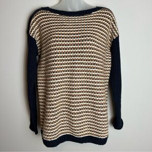 Talbots Navy and Cream Boat Neck Patterned Knit Sweater Size Medium